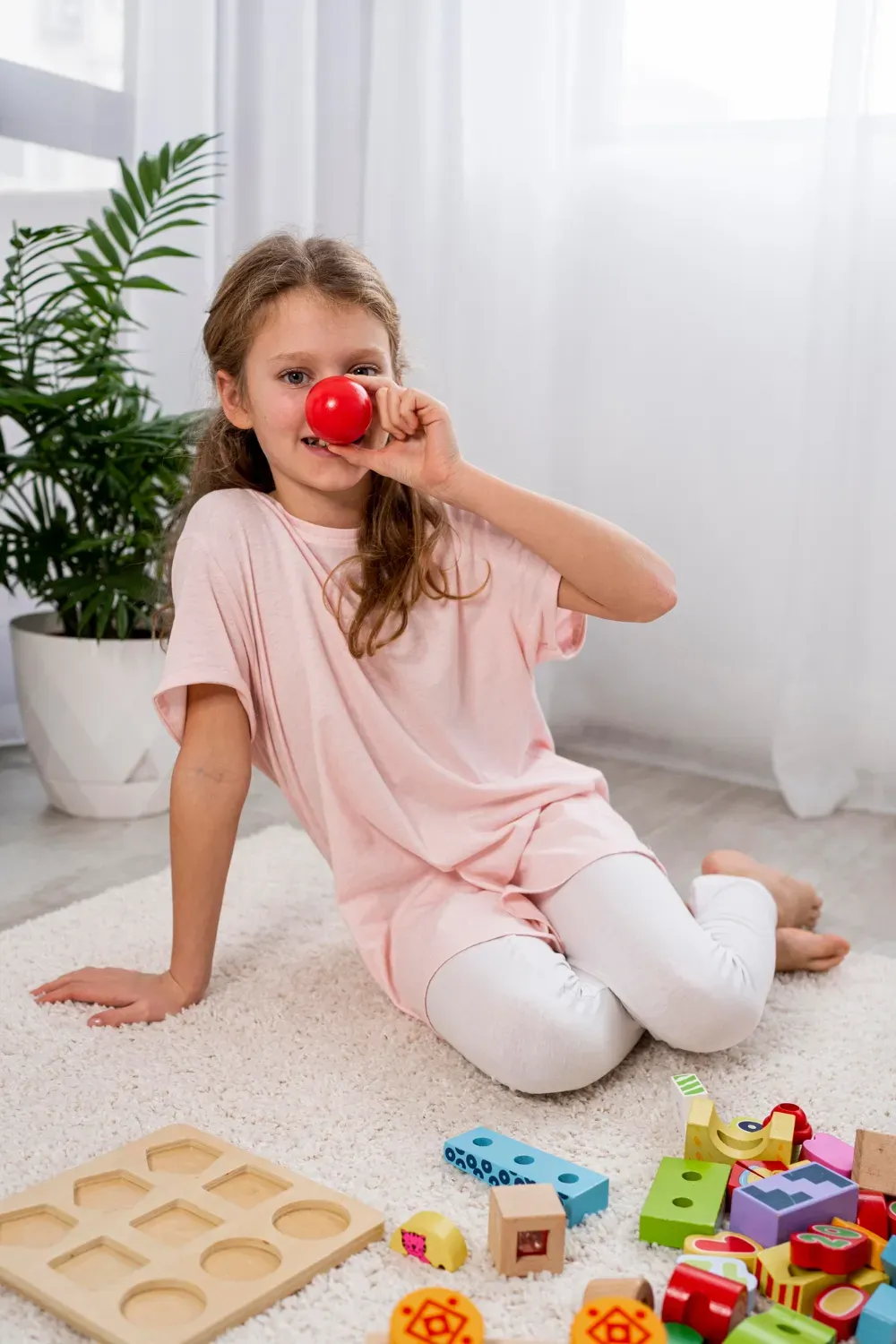 wesoła dziewczynka bawi się klockami na dywanie i trzyma w ręce czerwoną piłeczkę