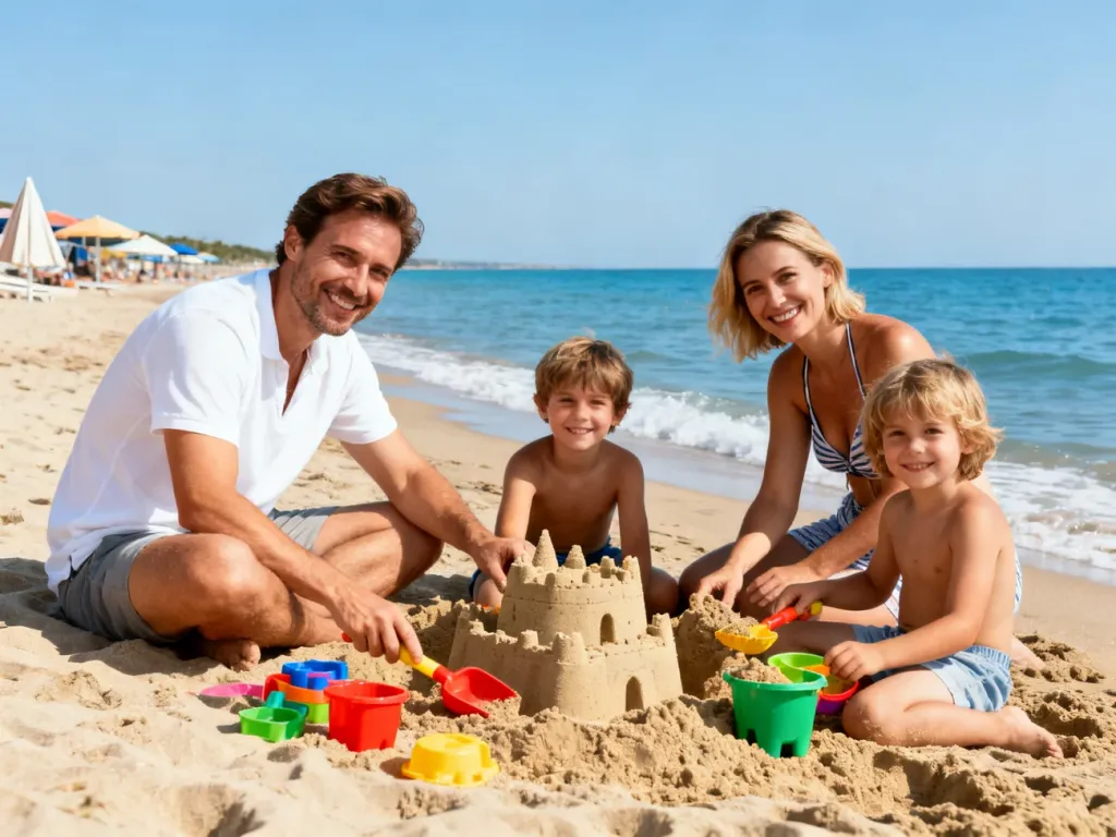 Rodzina z dwójką dzieci buduje zamek z piasku na słonecznej plaży nad spokojnym morzem, idealne miejsce na wakacje z dziećmi. no text on the picture